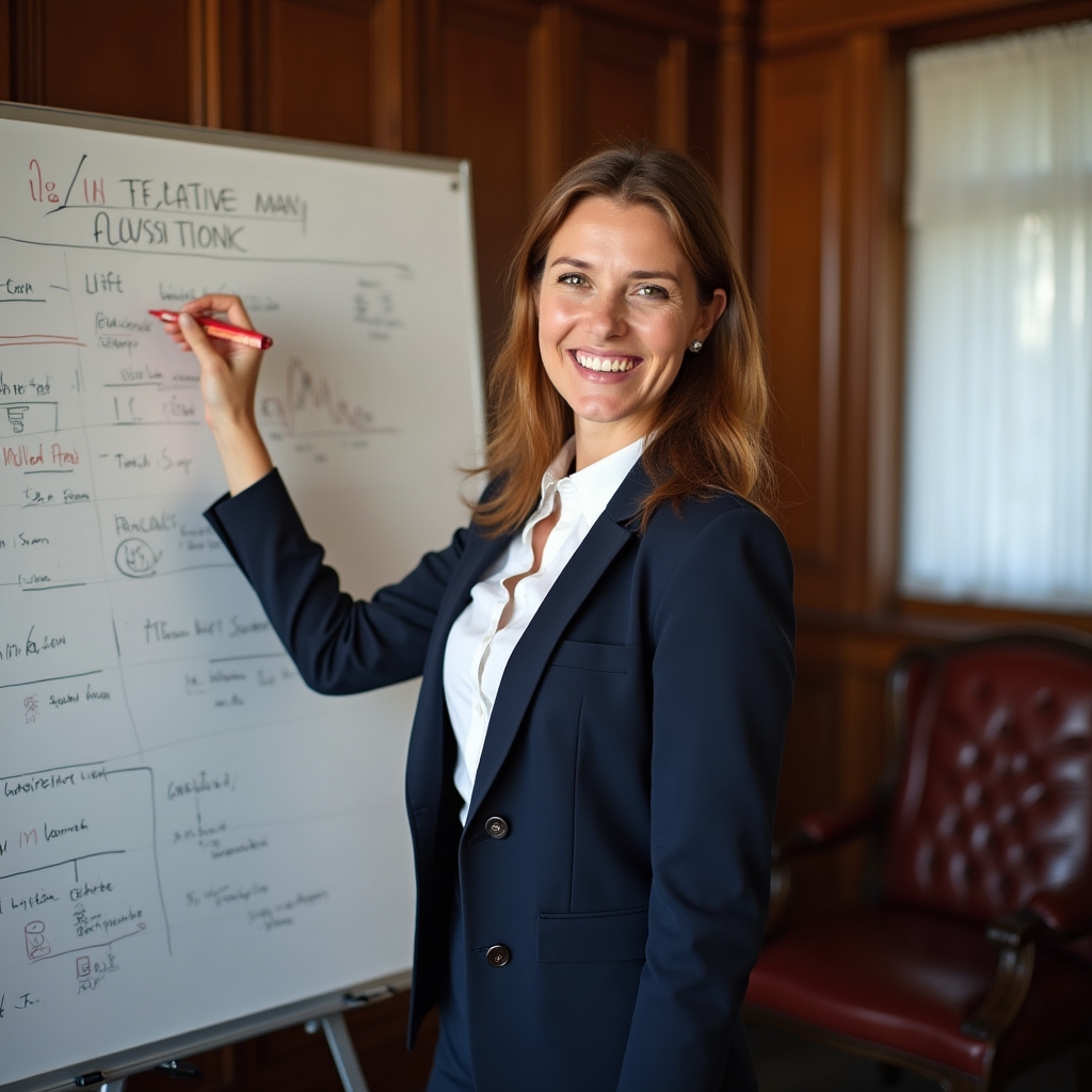 Kursleiterin erklärt finanzielle Grundbegriffe am Whiteboard